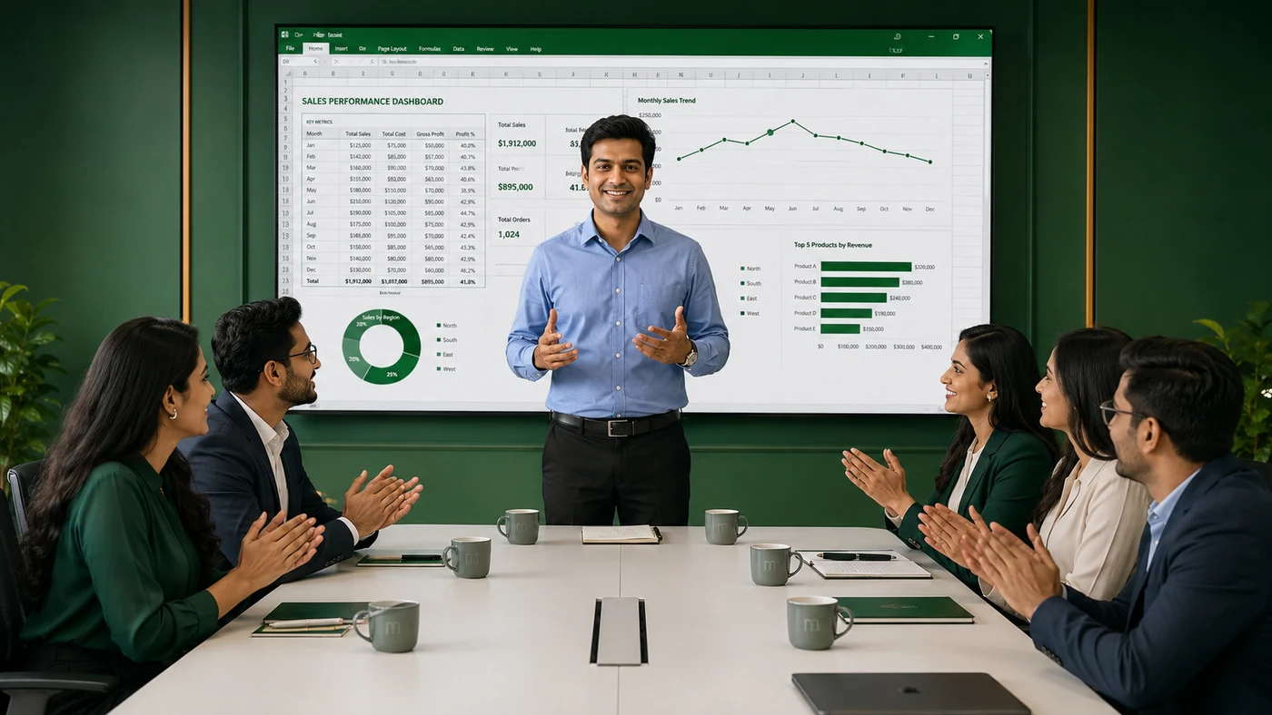 An analyst presenting an Excel performance dashboard to a boardroom